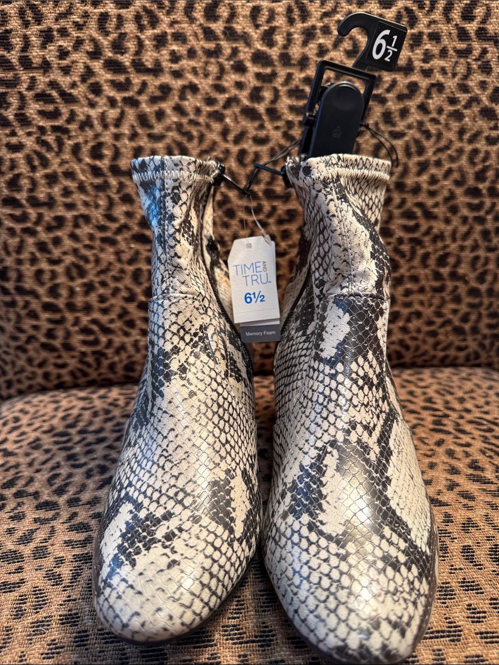 BRAND NEW!  Time and Tru Snake-Print Slip-On Ankle Boots in Black & White